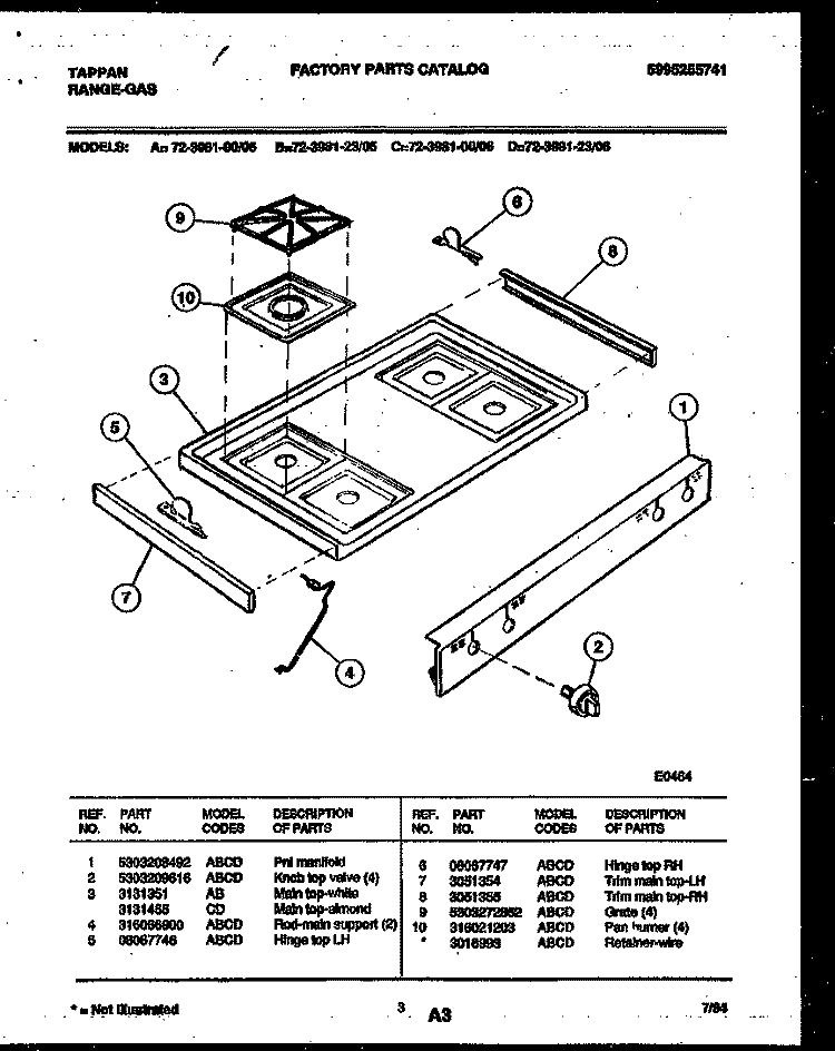 COOKTOP PARTS Diagram and Parts List for 72-3981-00-06  Tappan Range