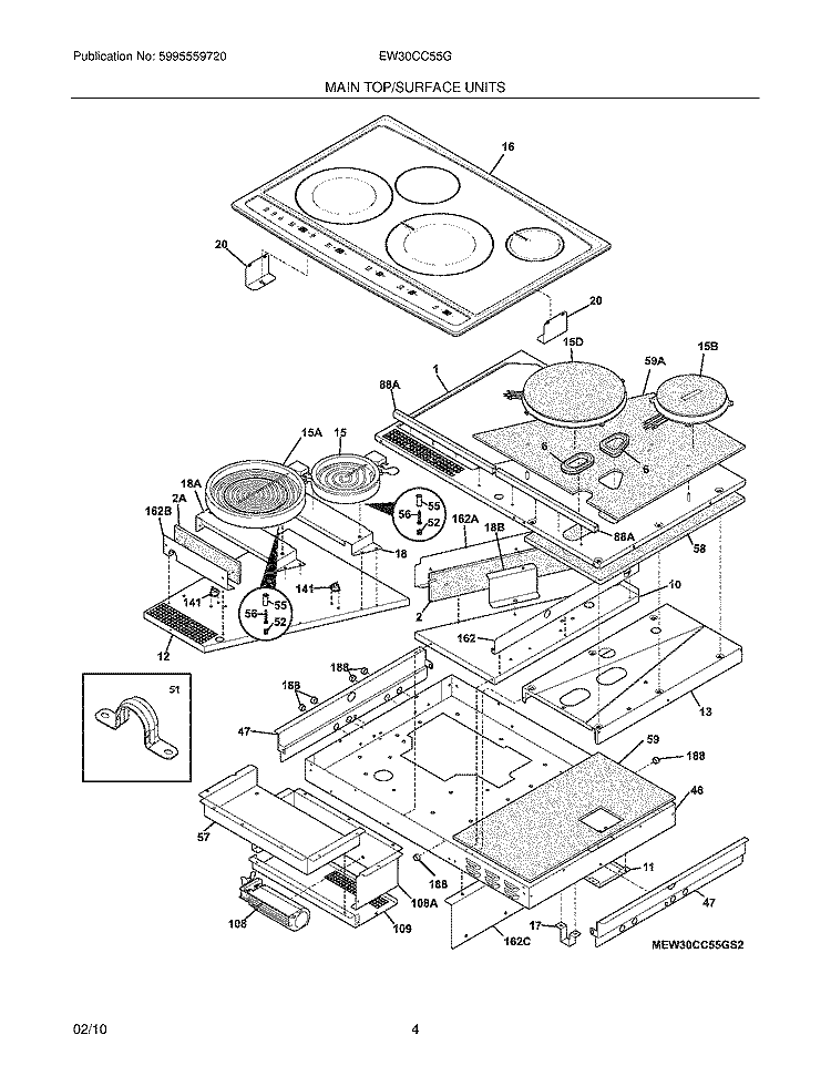 MAINTOP/SURFACE UNITS Diagram and Parts List for EW30CC55GS3  Electrolux Cooktop