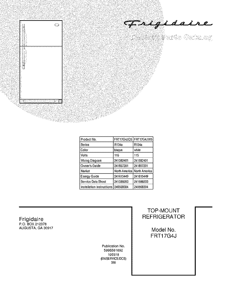 COVER Diagram and Parts List for FRT17G4JW5  Frigidaire Refrigerator