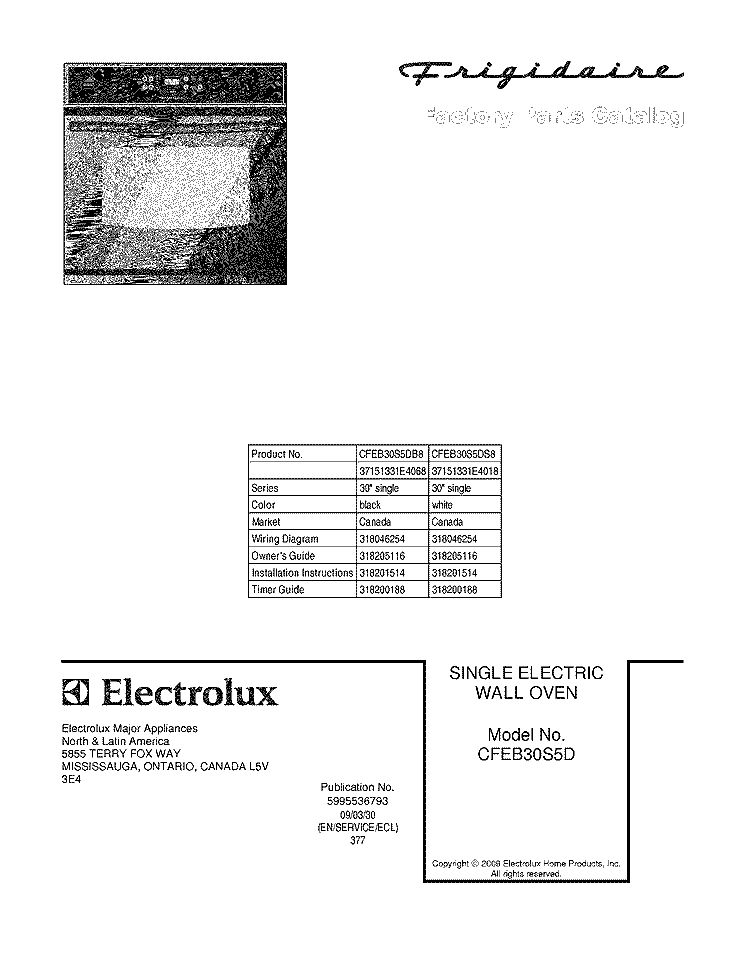 COVER Diagram and Parts List for CFEB30S5DS8  Frigidaire Wall Oven