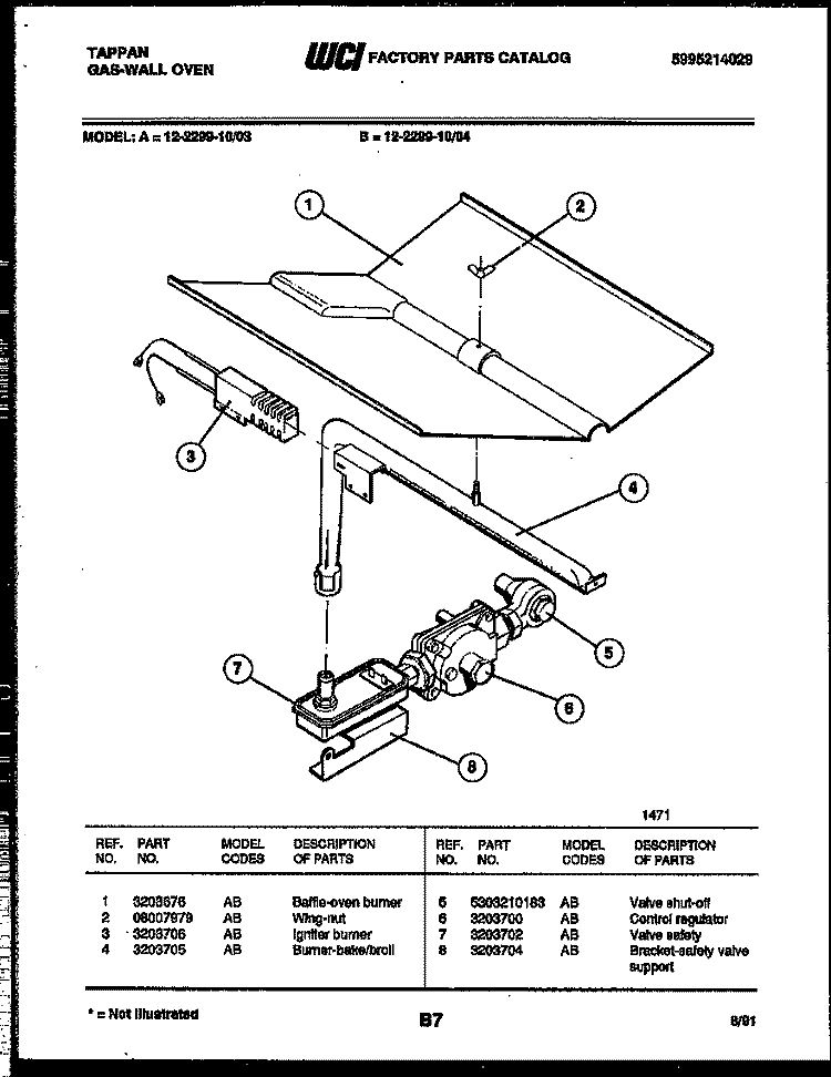 GAS CONTROL Diagram and Parts List for 12-2299-00-03  Tappan Wall Oven
