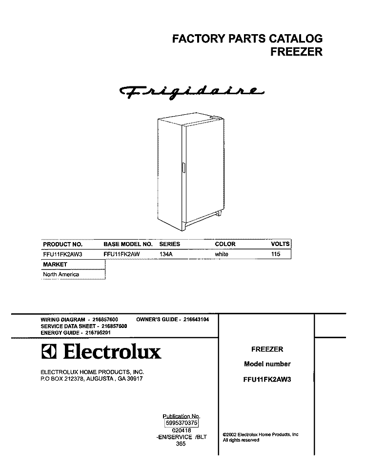 COVER Diagram and Parts List for FFU11FK2AW3  Frigidaire Freezer