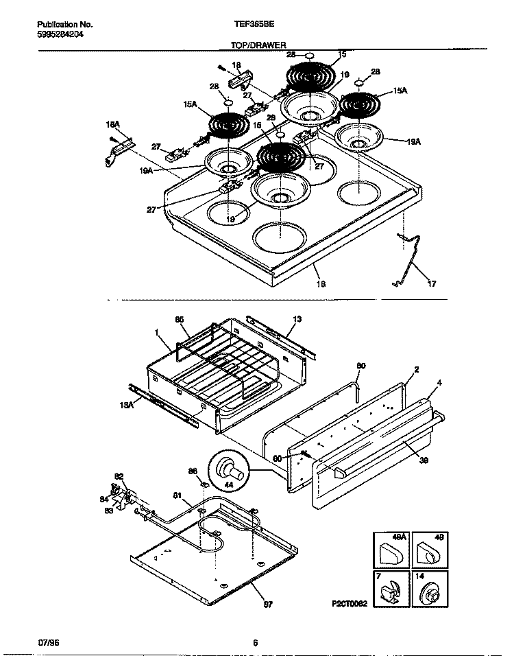 TOP / DRAWER Diagram and Parts List for TEF365BEWA  Tappan Range