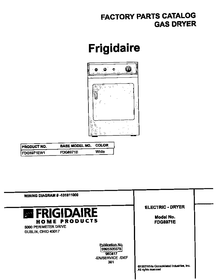 COVER Diagram and Parts List for FDG8971EW1  Frigidaire Dryer