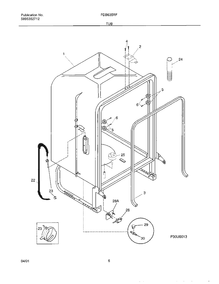 TUB Diagram and Parts List for FDB635RFS5  Frigidaire Dishwasher