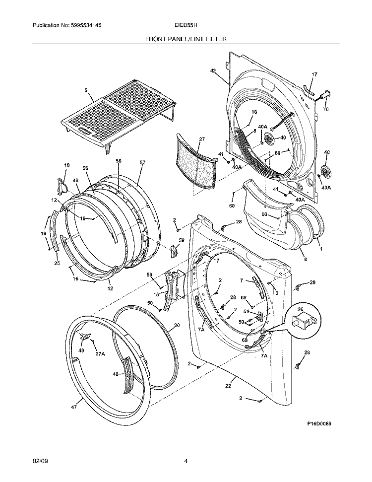 FRONT PANEL/LINT FILTER Diagram and Parts List for EIED55HIW0  Electrolux Dryer