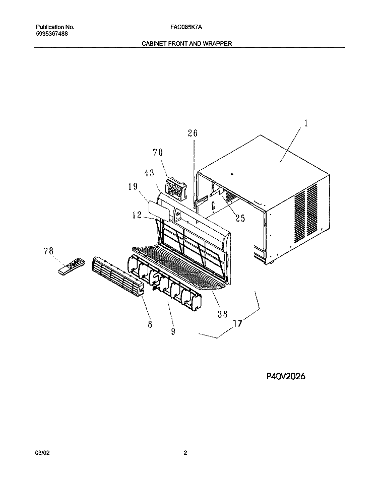 CABINET FRONT AND WRAPPER Diagram and Parts List for FAC085K7A4  Frigidaire Air Conditioner