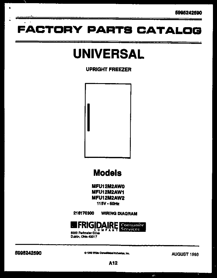 COVER Diagram and Parts List for MFU12M2AW1  Tappan Freezer
