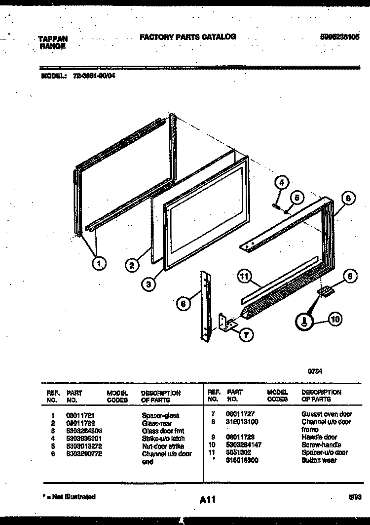 UPPER OVEN DOOR PARTS Diagram and Parts List for 72-3651-00-04  Tappan Range