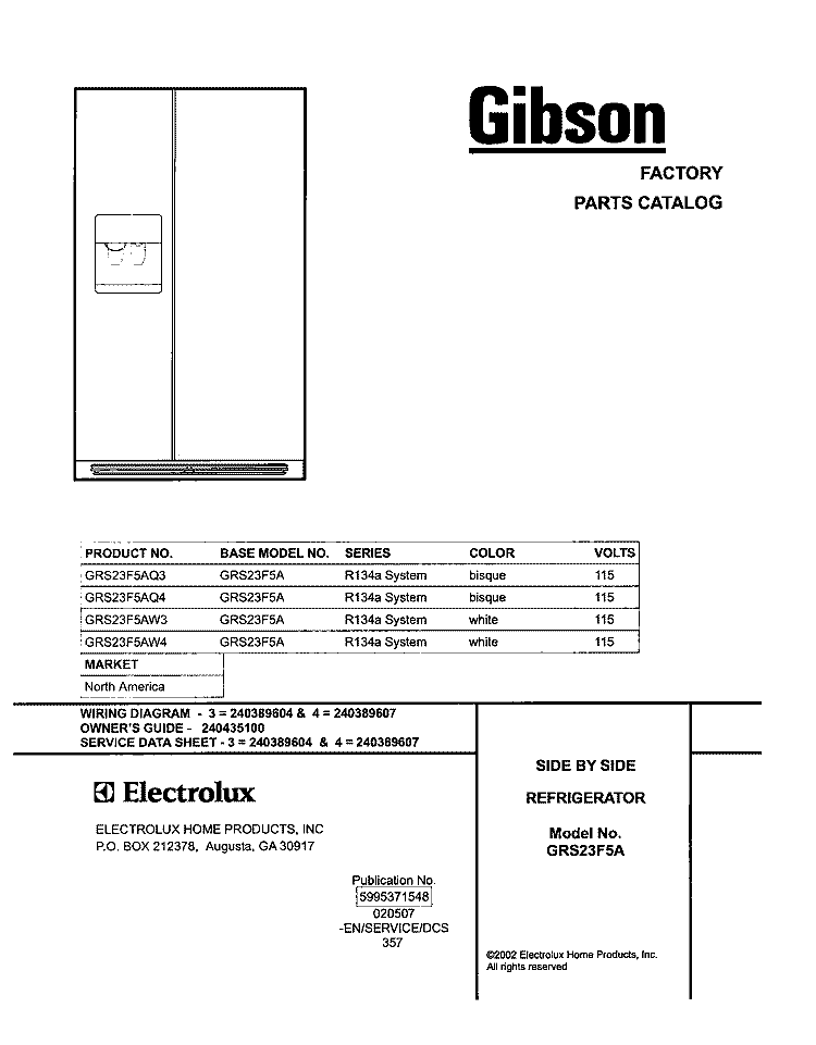 COVER Diagram and Parts List for GRS23F5AW3  Gibson Refrigerator