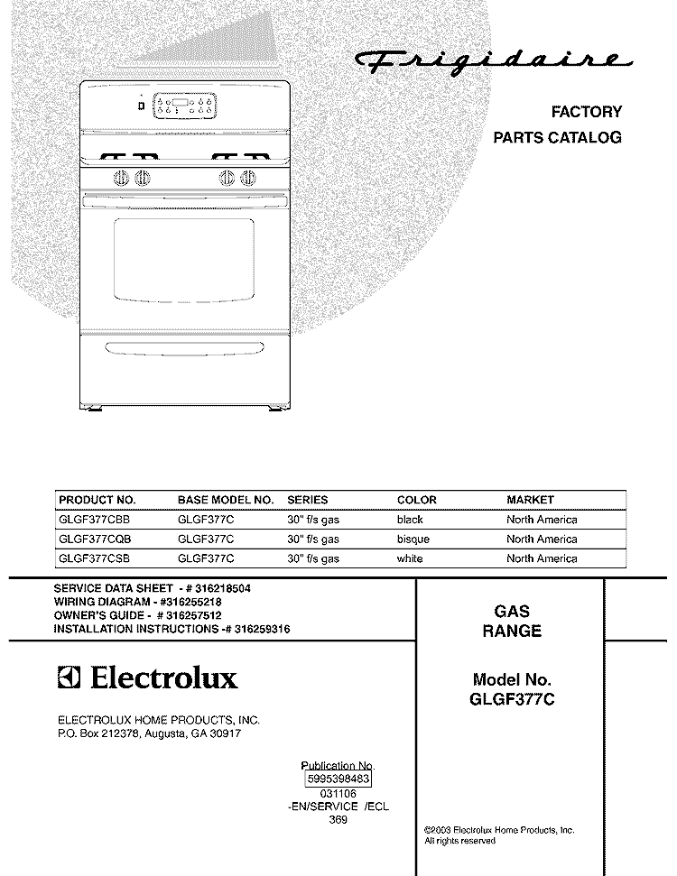 COVER Diagram and Parts List for GLGF377CQB  Frigidaire Range