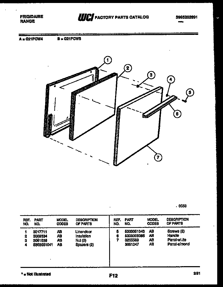 DOOR PARTS Diagram and Parts List for G21PCW5  Frigidaire Range