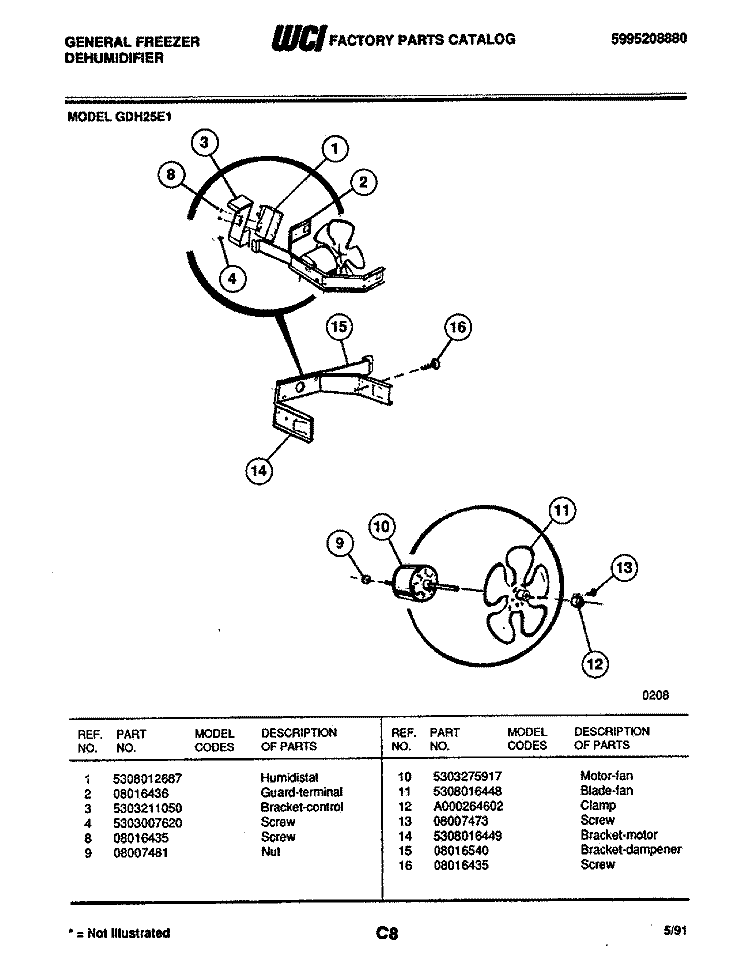 FAN Diagram and Parts List for GDH25E1  Frigidaire Dehumidifier