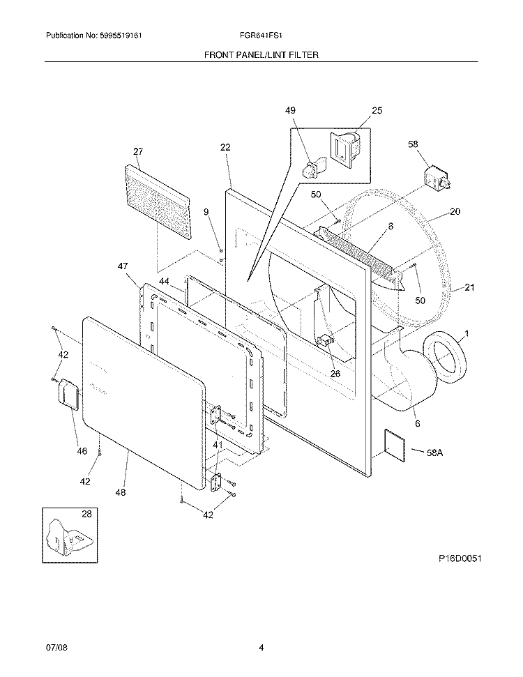 FRONT PANEL/LINT FILTER Diagram and Parts List for FGR641FS1  Frigidaire Dryer