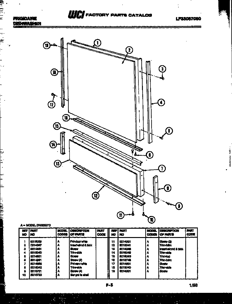 DOOR PARTS Diagram and Parts List for DW3350DW3  Frigidaire Dishwasher
