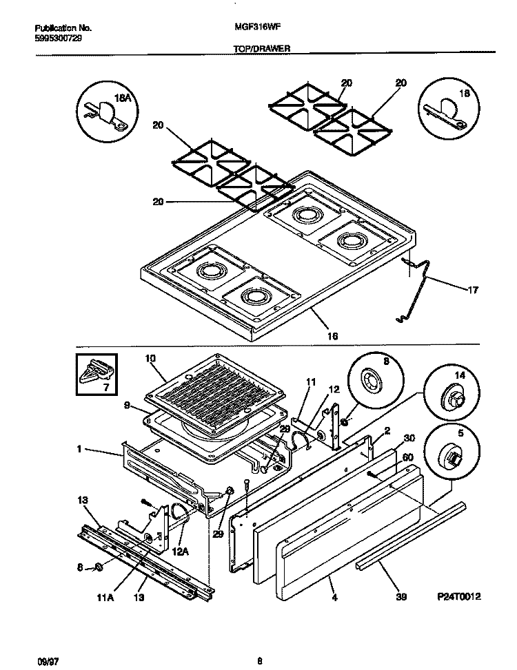 TOP / DRAWER Diagram and Parts List for MGF316WFSB  Frigidaire Range
