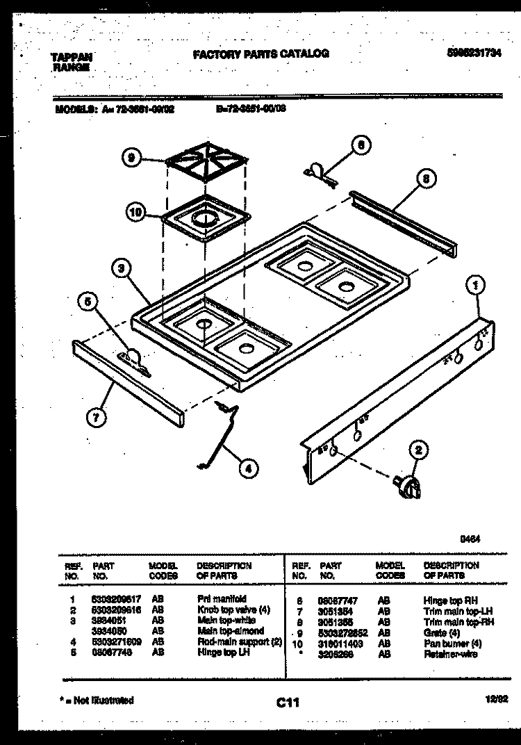 COOKTOP PARTS Diagram and Parts List for 72-3651-23-02  Tappan Range