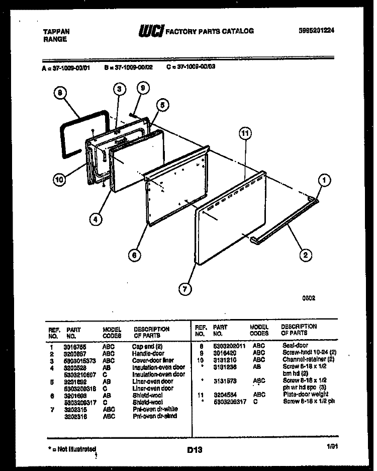 DOOR PARTS Diagram and Parts List for 37-1009-00-01  Tappan Range