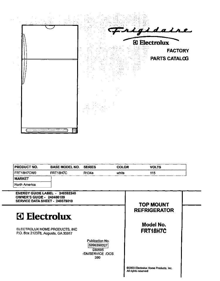 COVER Diagram and Parts List for FRT18H7CW0  Frigidaire Refrigerator