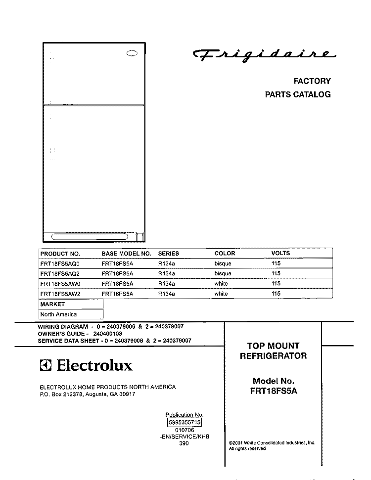 COVER Diagram and Parts List for FRT18FS5AW2  Frigidaire Refrigerator