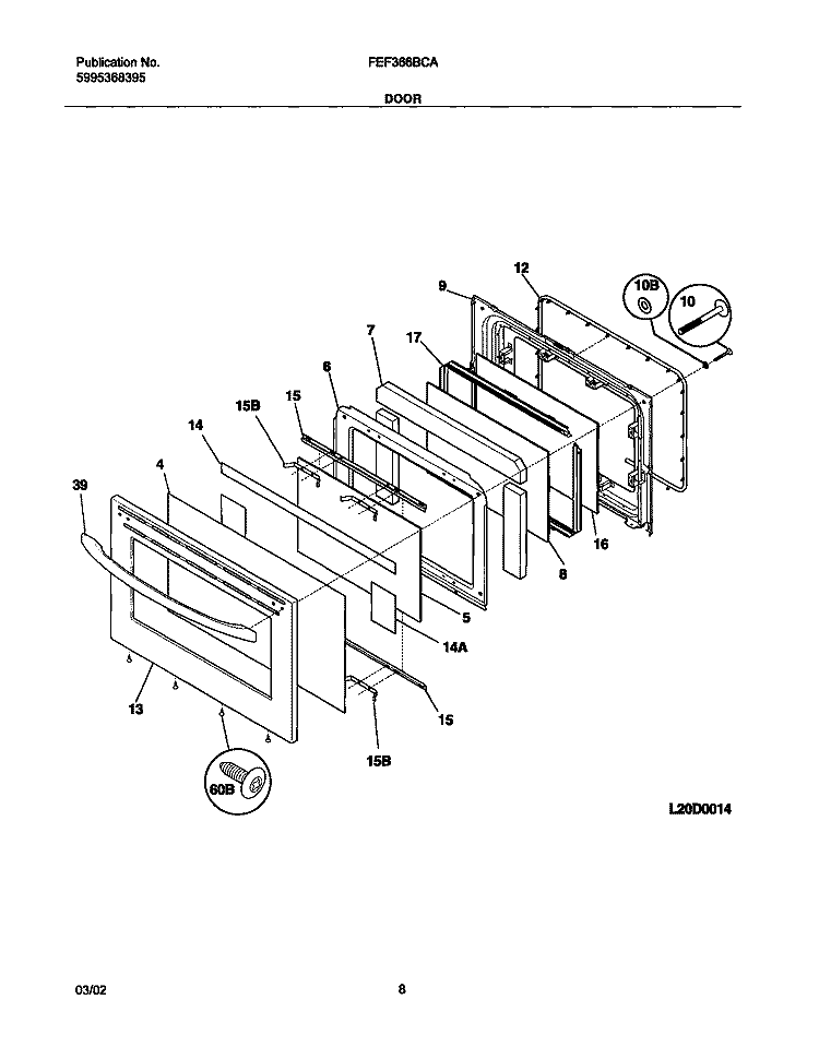 DOOR Diagram and Parts List for FEF366BCA  Frigidaire Range