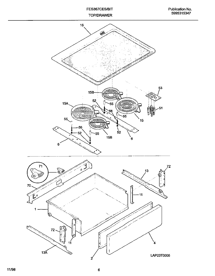 TOP / DRAWER Diagram and Parts List for FES367CETC  Frigidaire Range