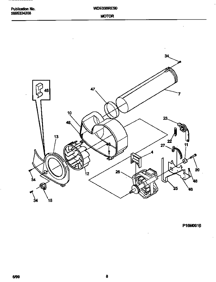 P16M0016 MOTOR, BLOWER Diagram and Parts List for WDE336RES0  Frigidaire Dryer