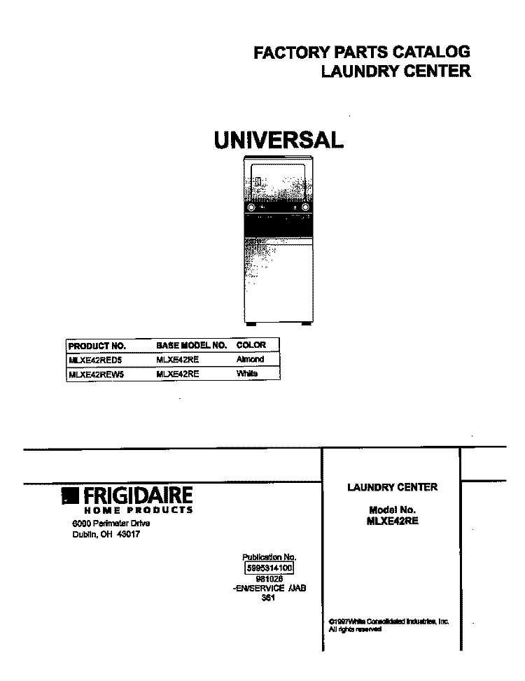 COVER Diagram and Parts List for MLXE42RED5  Frigidaire Washer Dryer Combo