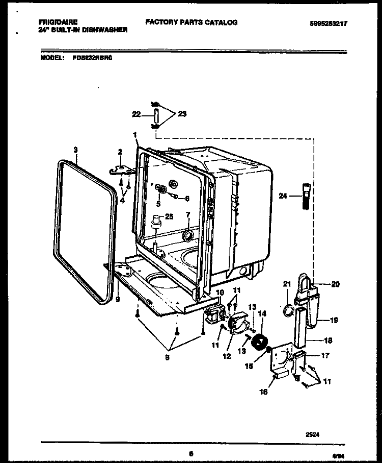 TUB AND FRAME PARTS Diagram and Parts List for FDB232RBR0  Frigidaire Dishwasher