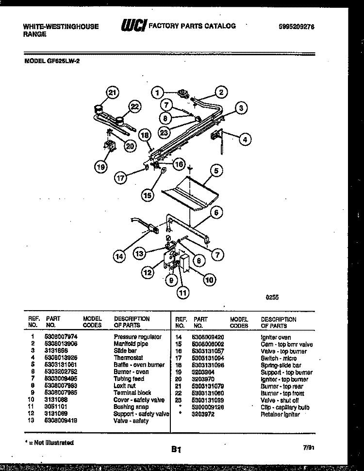 BURNER, MANIFOLD AND GAS CONTROL Diagram and Parts List for GF625LW2  Frigidaire Range