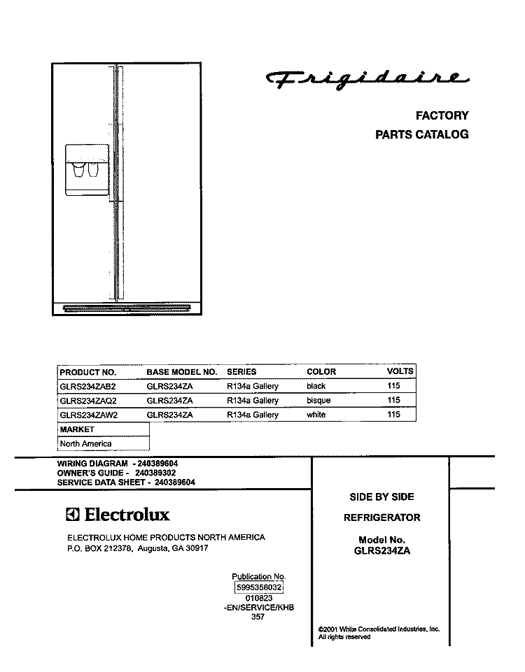 COVER Diagram and Parts List for GLRS234ZAW2  Frigidaire Refrigerator