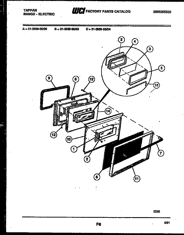 DOOR PARTS Diagram and Parts List for 31-3969-23-03  Frigidaire Range