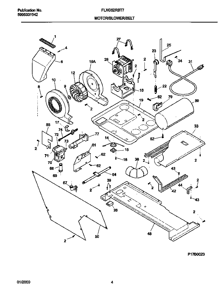 MOTOR / BLOWER / BELT Diagram and Parts List for FLXG52RBT7  Frigidaire Washer Dryer Combo
