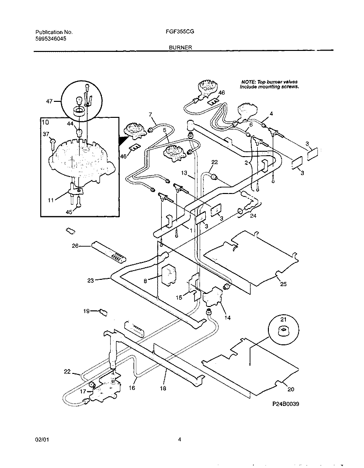 BURNER Diagram and Parts List for FGF355CGSF  Frigidaire Range