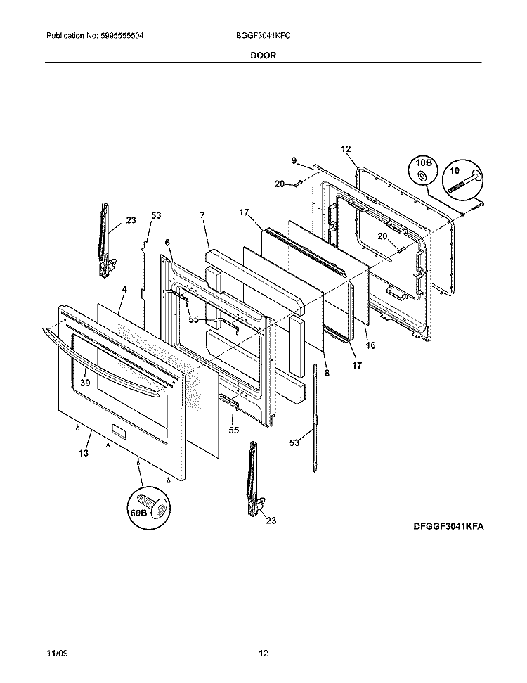 DOOR Diagram and Parts List for BGGF3041KFC  Frigidaire Range