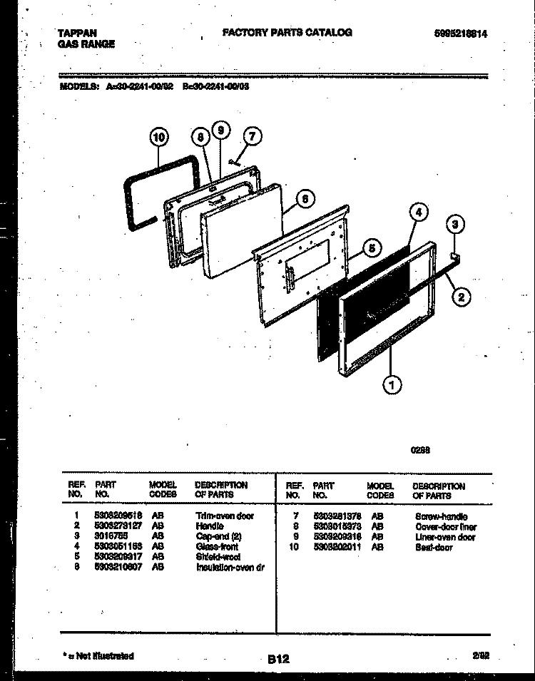 DOOR PARTS Diagram and Parts List for 30-2241-00-03  Tappan Range