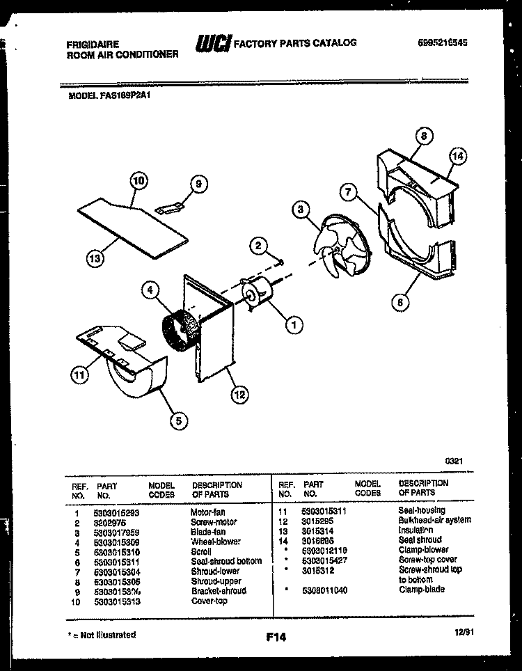AIR HANDLING PARTS Diagram and Parts List for FAS189P2A1  Frigidaire Air Conditioner