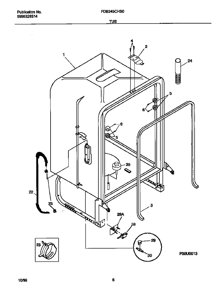 TUB Diagram and Parts List for FDB345CHS0  Frigidaire Dishwasher