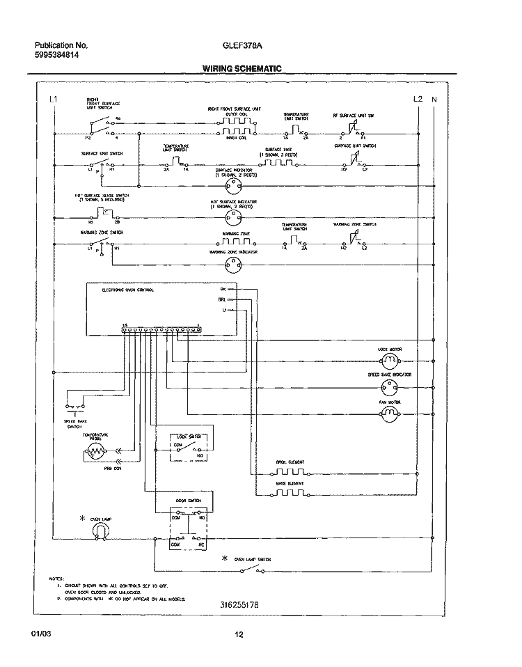WIRING SCHEMATIC Diagram and Parts List for GLEF378AQG  Frigidaire Range