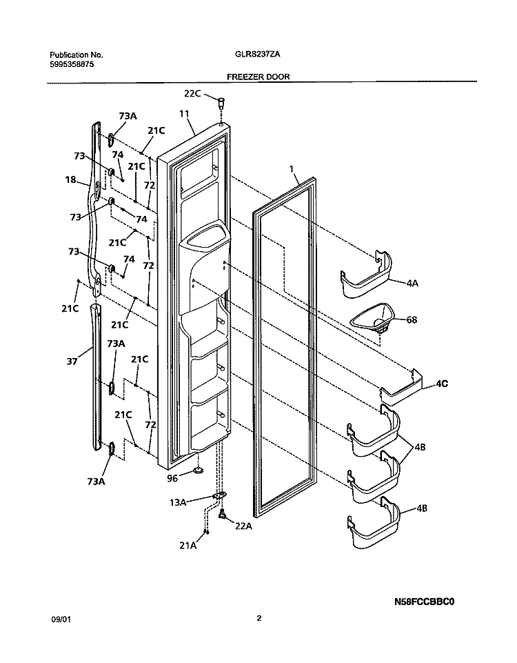 FREEZER DOOR Diagram and Parts List for GLRS237ZAW2  Frigidaire Refrigerator
