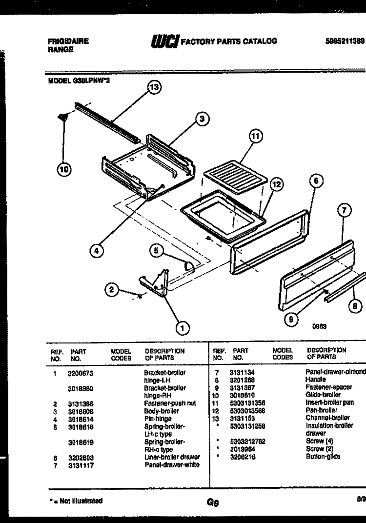 BROILER DRAWER PARTS Diagram and Parts List for G30LPNL2  Frigidaire Range