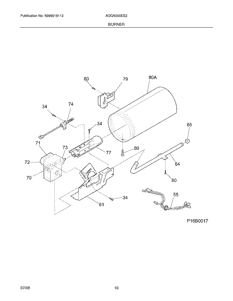 BURNER Diagram and Parts List for AGQ6000ES3  Frigidaire Dryer