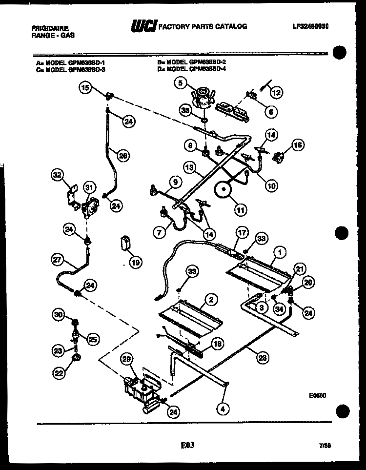 BURNER, MANIFOLD AND GAS CONTROL Diagram and Parts List for GPM638BDL3  Frigidaire Range