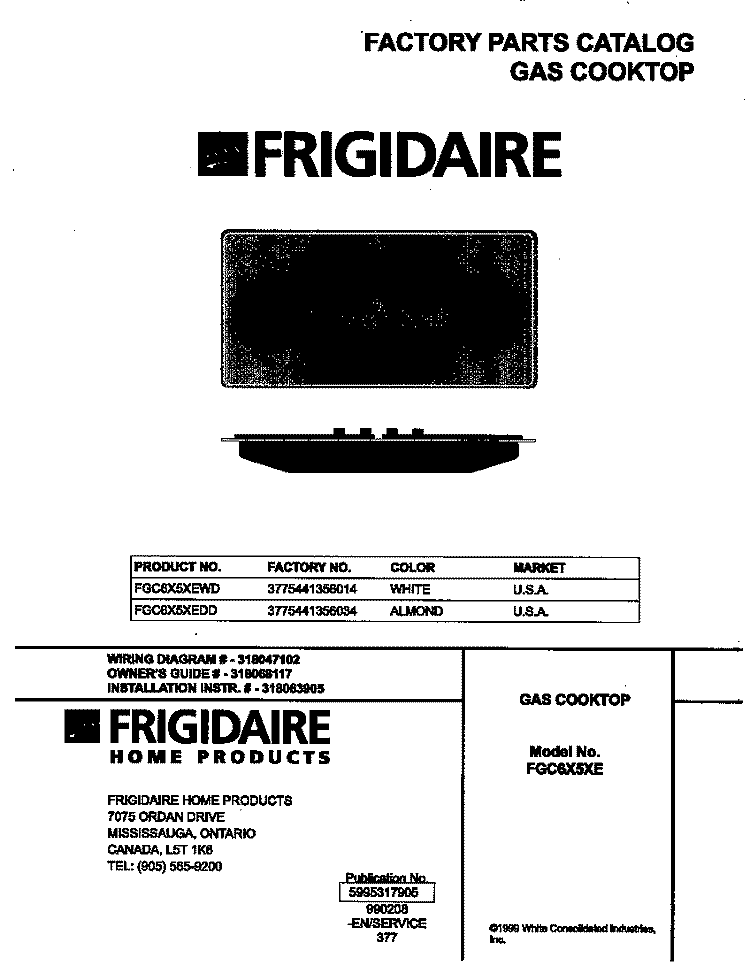 COVER Diagram and Parts List for FGC6X5XEWD  Frigidaire Cooktop
