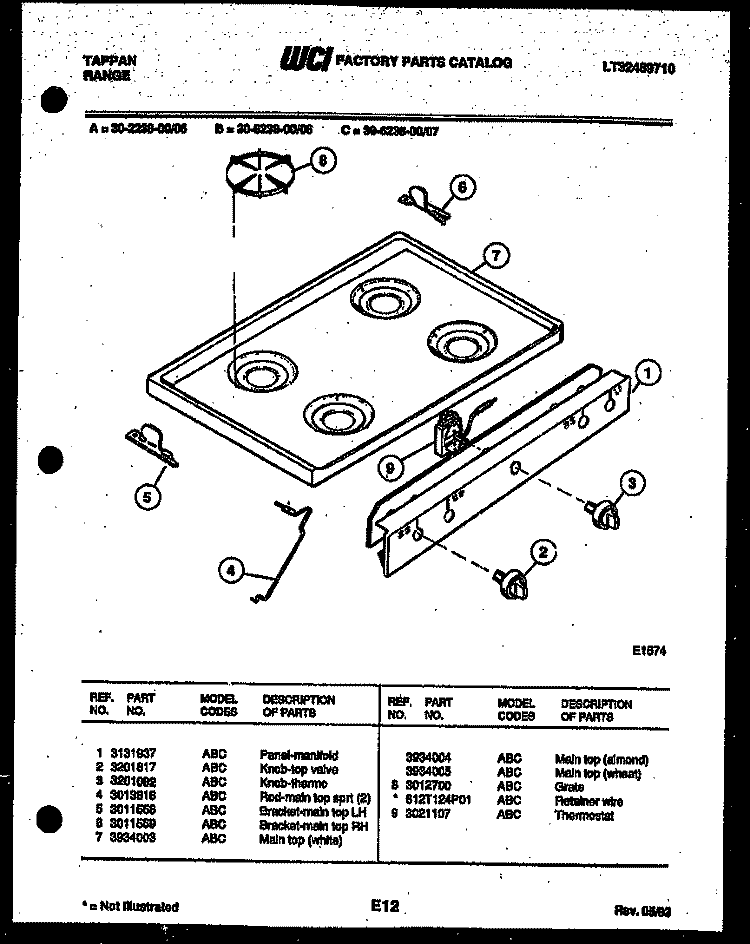 COOKTOP PARTS Diagram and Parts List for 30-2238-23-06  Tappan Range
