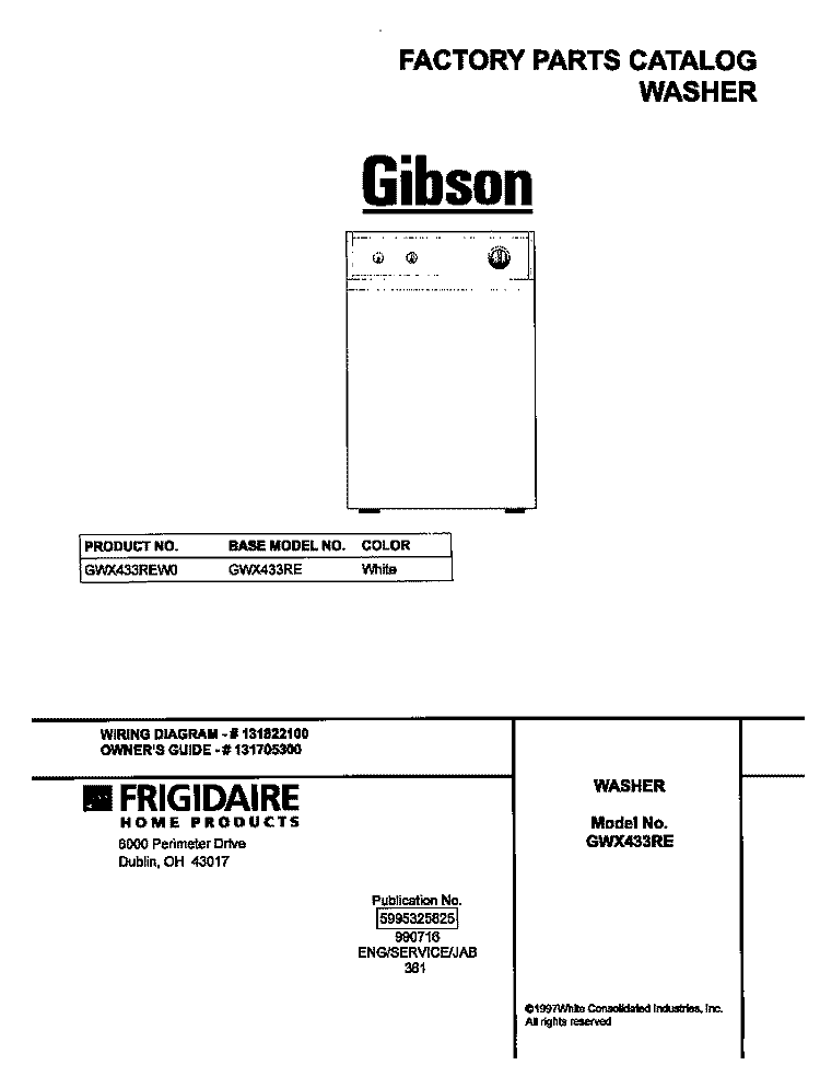 COVER Diagram and Parts List for GWX433REW0  Gibson Washer