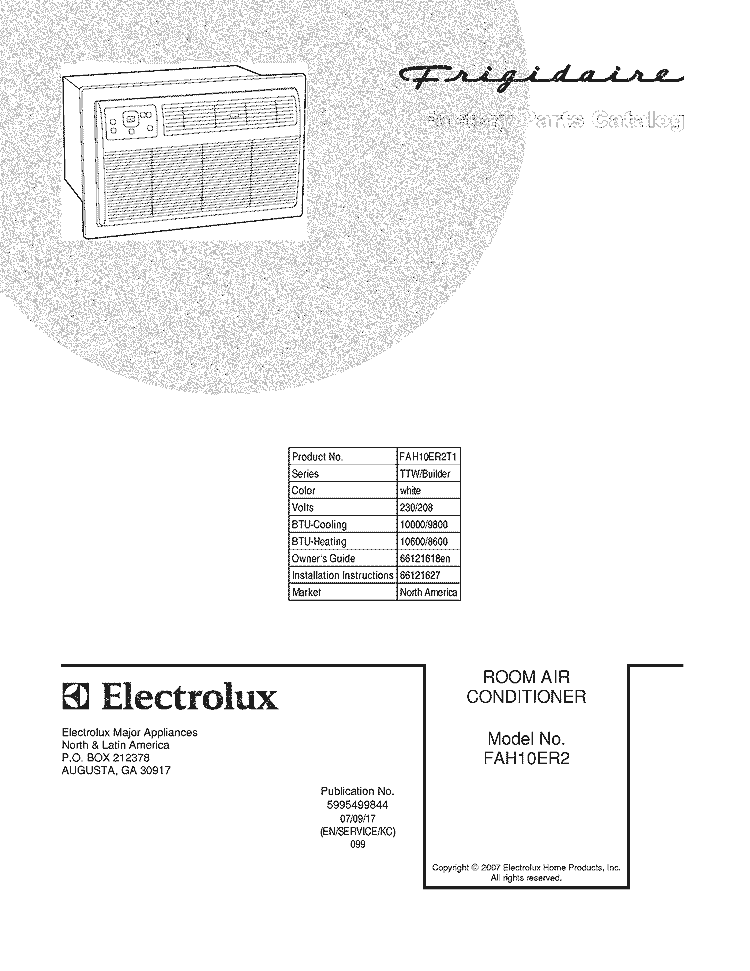 COVER Diagram and Parts List for FAH10ER2T1  Frigidaire Air Conditioner