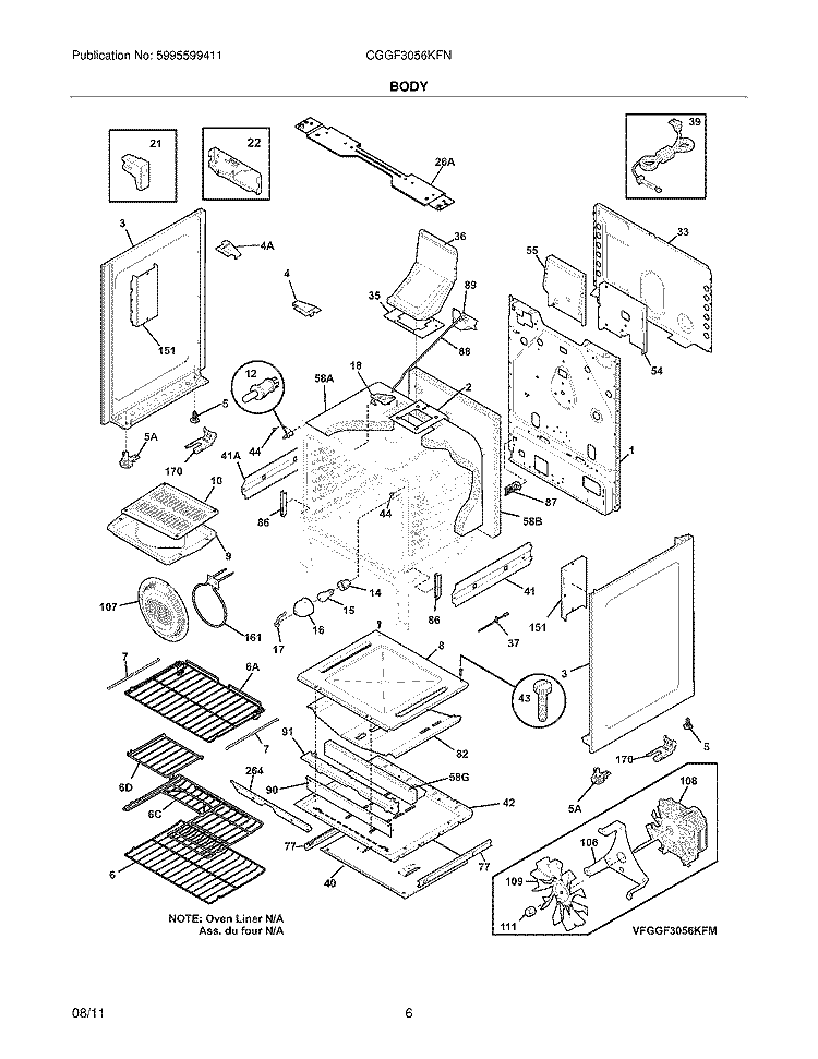 BODY Diagram and Parts List for CGGF3056KFN  Frigidaire Range