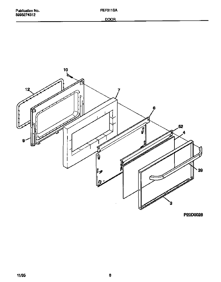 DOOR Diagram and Parts List for FEF311SADD  Frigidaire Range