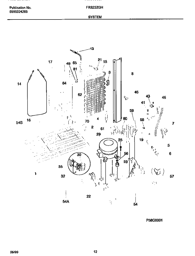 SYSTEM Diagram and Parts List for FRS22ZGHD0  Frigidaire Refrigerator